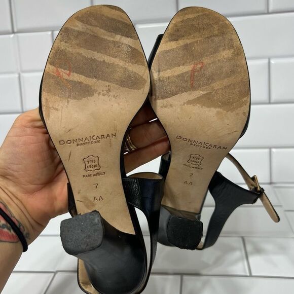 Donna Karan New York Black Leather Open Toe Ankle Strap Sling Back Heels Size 7 - Picture 7 of 11
